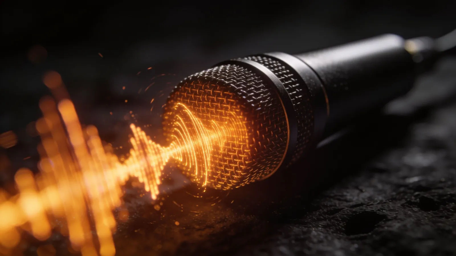 Glowing amber waveform around a studio microphone
