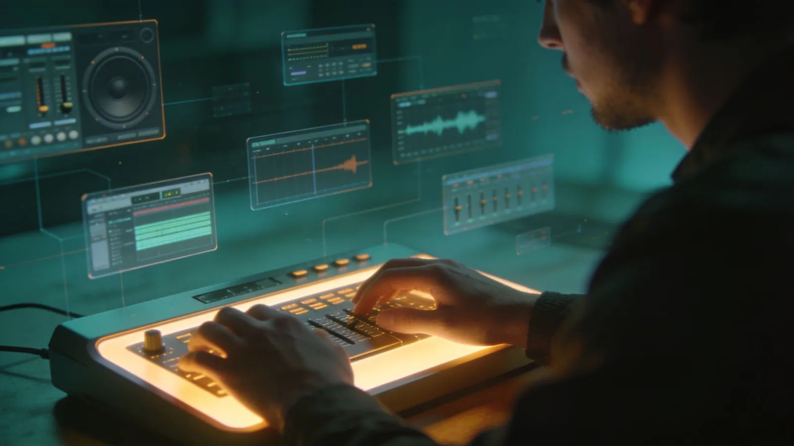 Hands at a glowing audio console