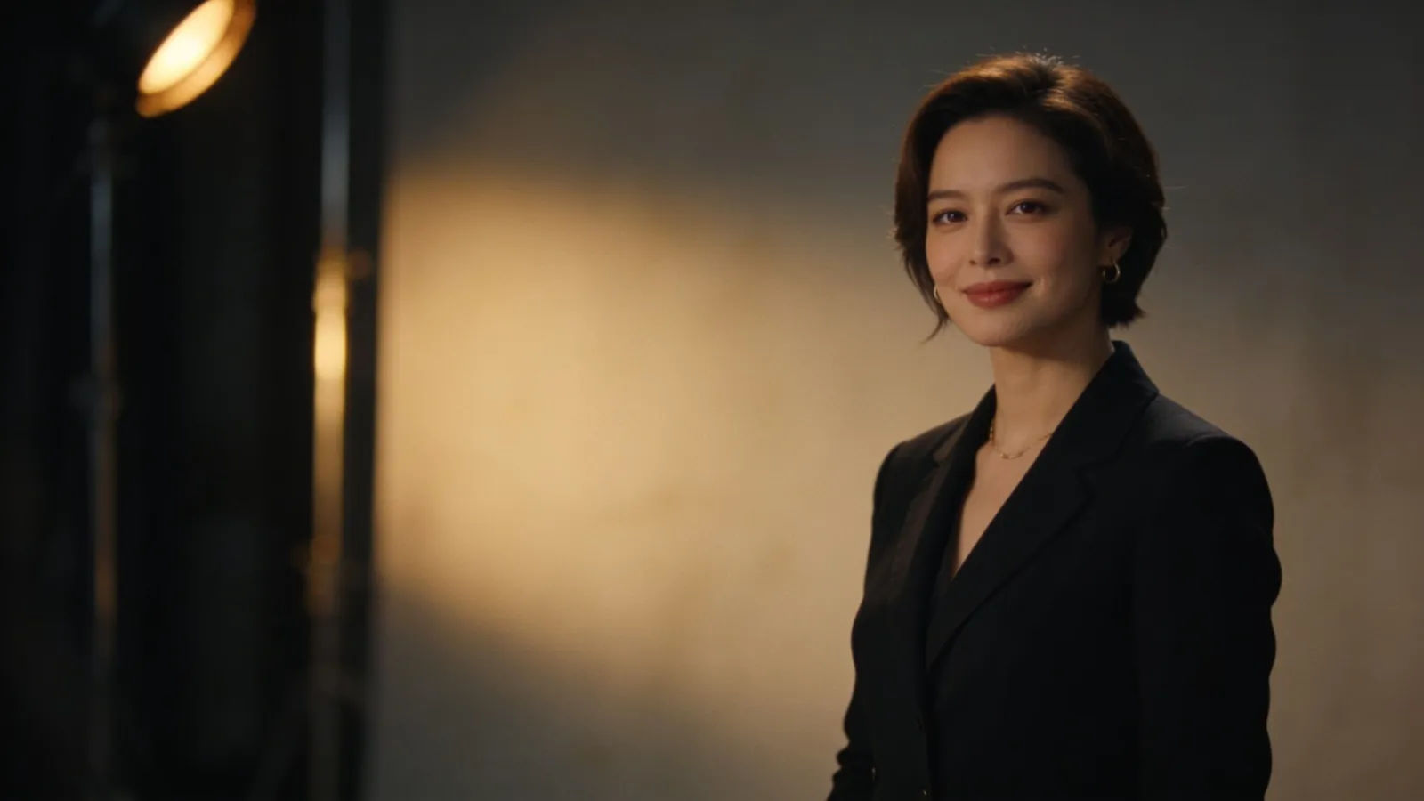 Poised advertising spokesperson in warm cinematic studio portrait
