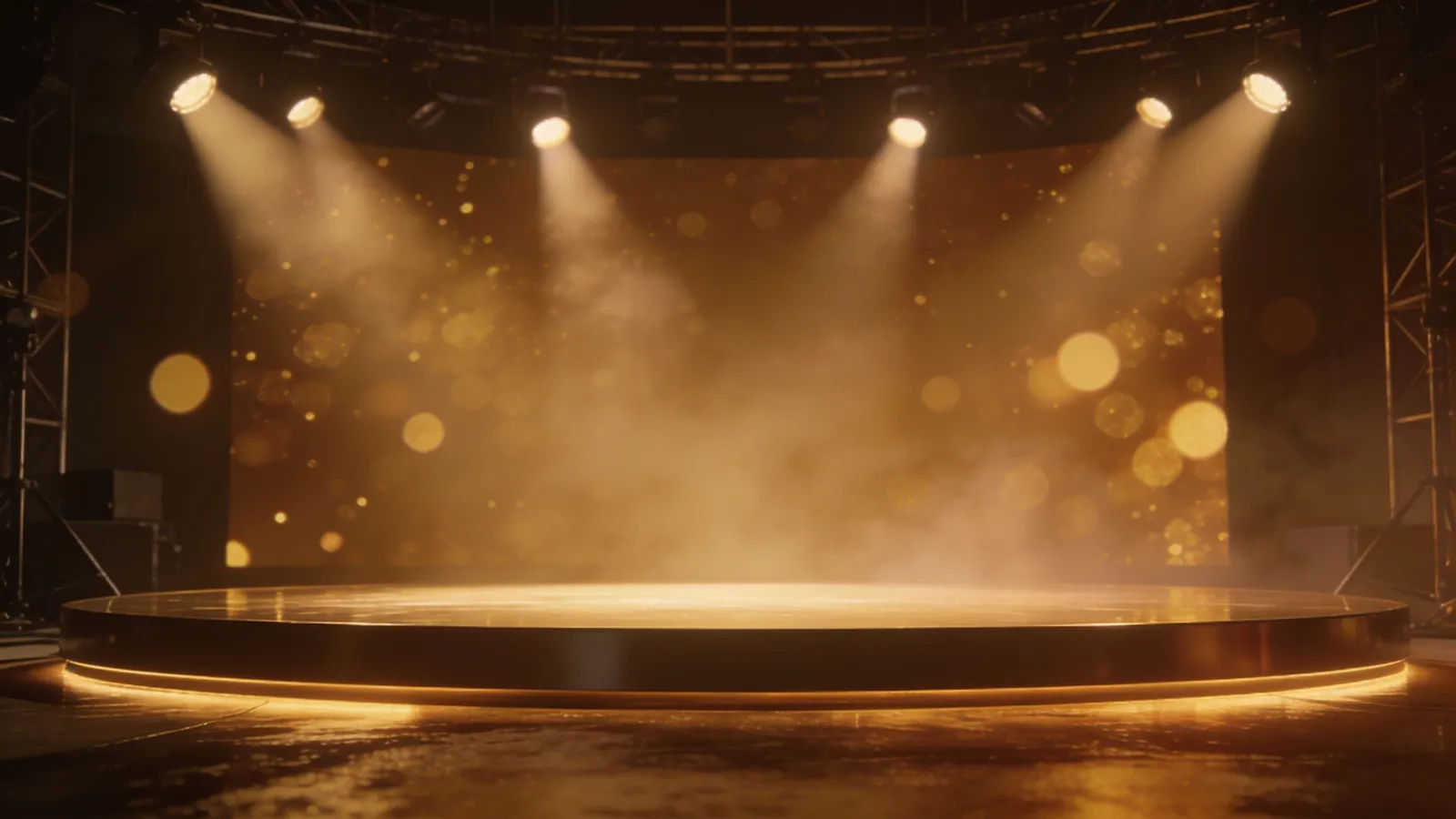Golden commercial production stage with soft bokeh lights