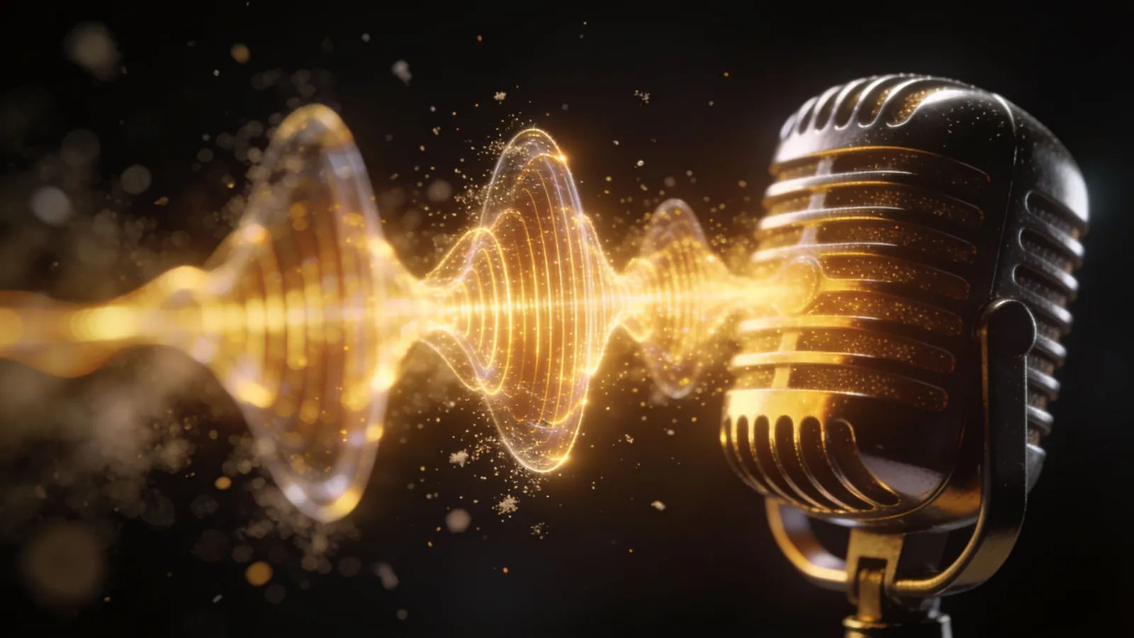 Golden sound wave rising from a broadcast microphone