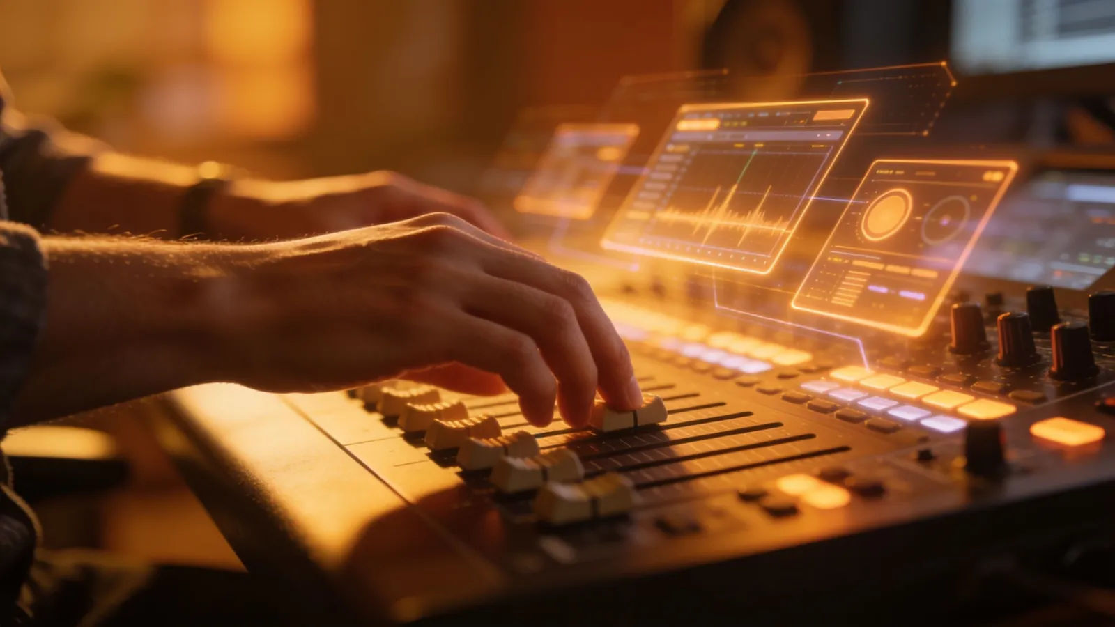 Hands at mixing console with glowing amber audio panels