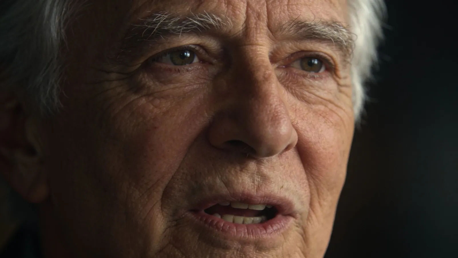 Elderly man mid-speech, cinematic amber portrait