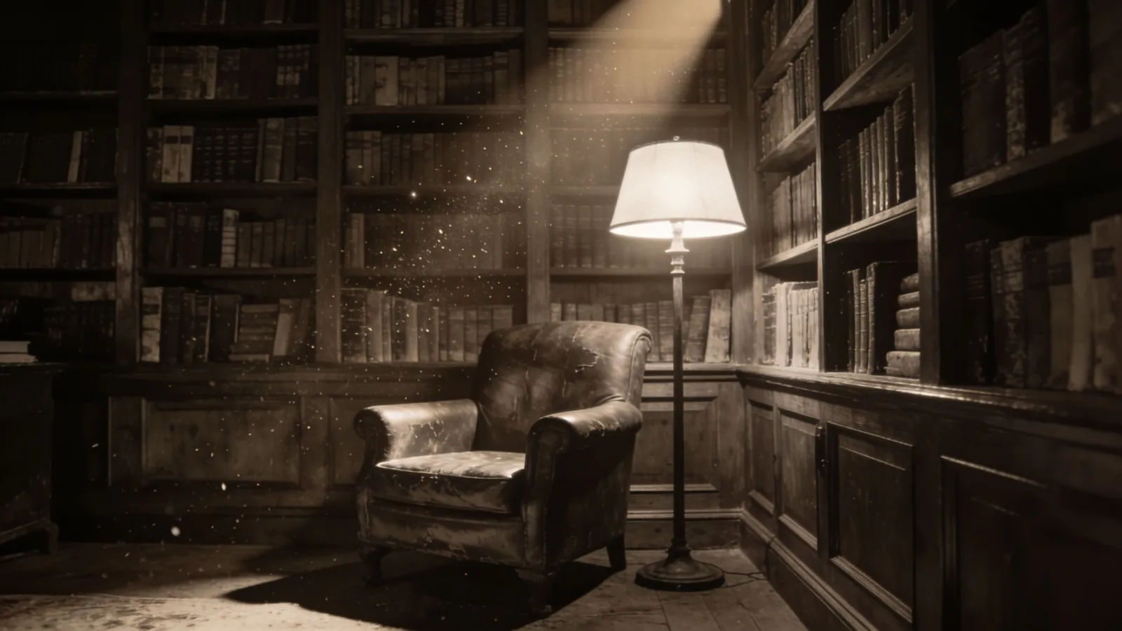 Dim wood-paneled study with aged books