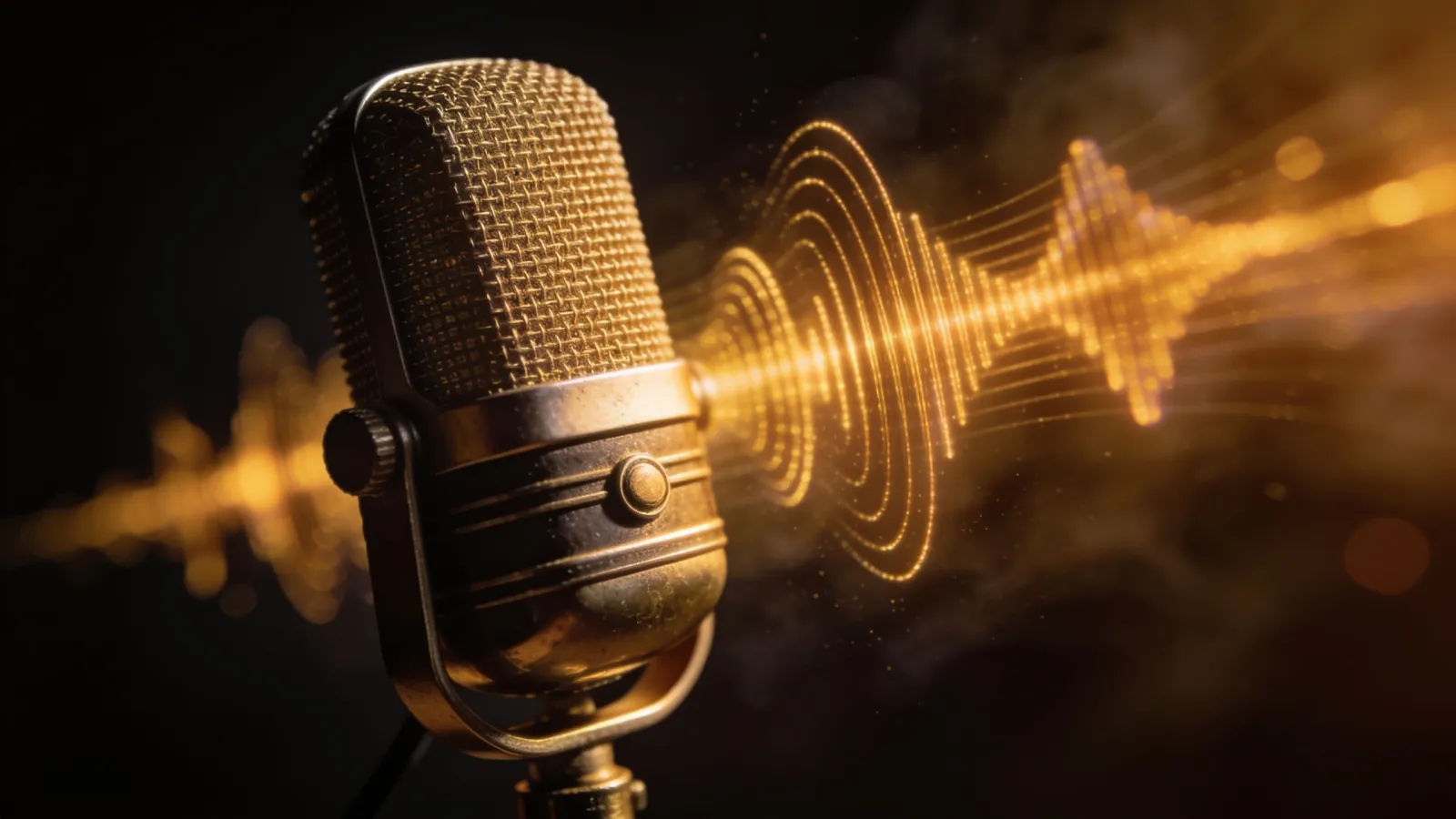 Vintage microphone with golden soundwave in dark