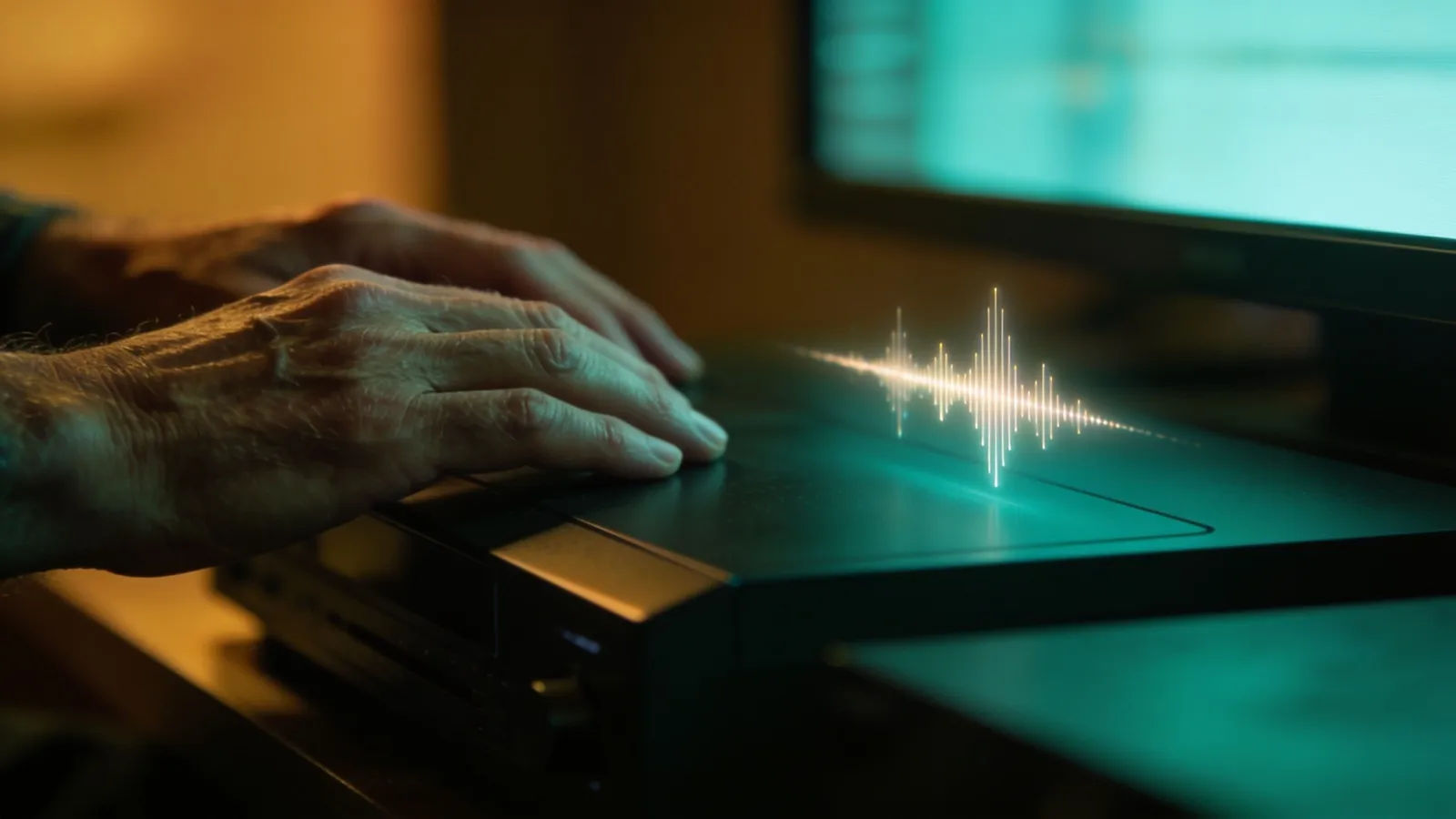 Weathered hands at console with glowing waveform