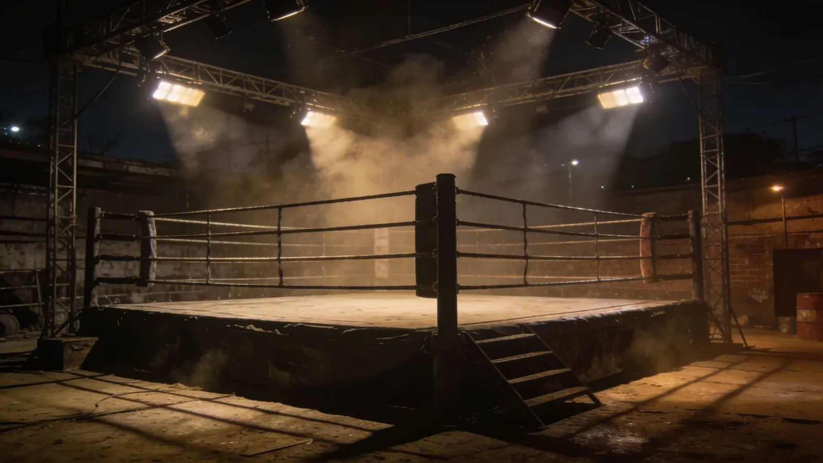 Gritty empty underground fight arena at night