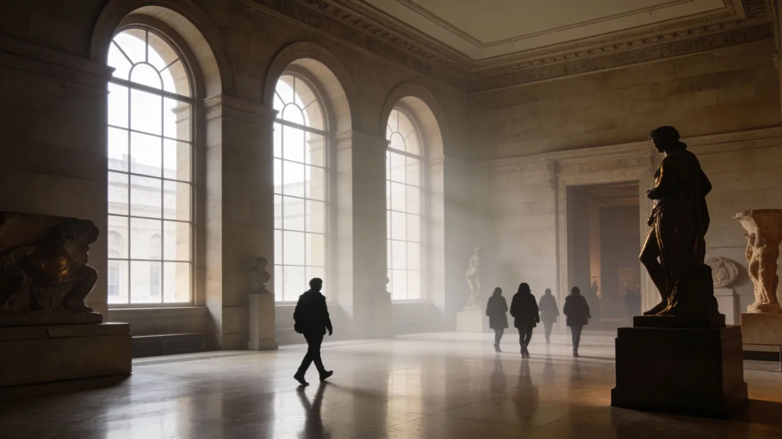 Grand museum gallery hall with silhouetted visitors walking
