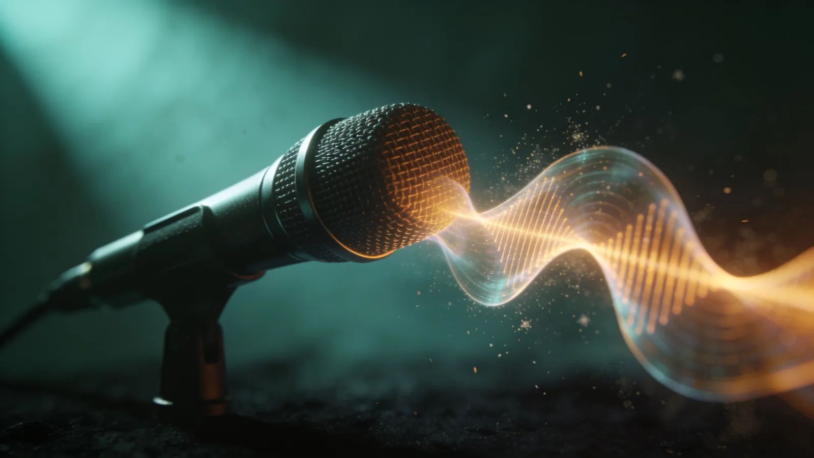 Studio microphone with luminous soundwave ribbon in light