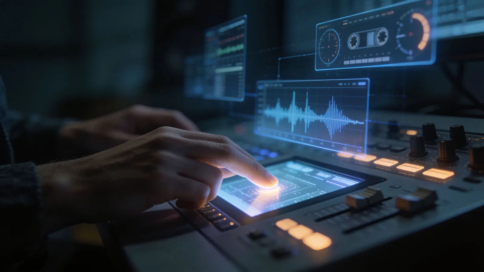 Creator hands at console with floating audio waveform panels