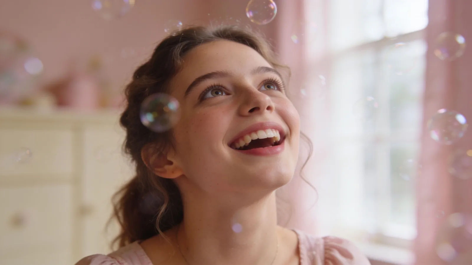 Bubbly wide-eyed young woman mid-giggle, cinematic portrait