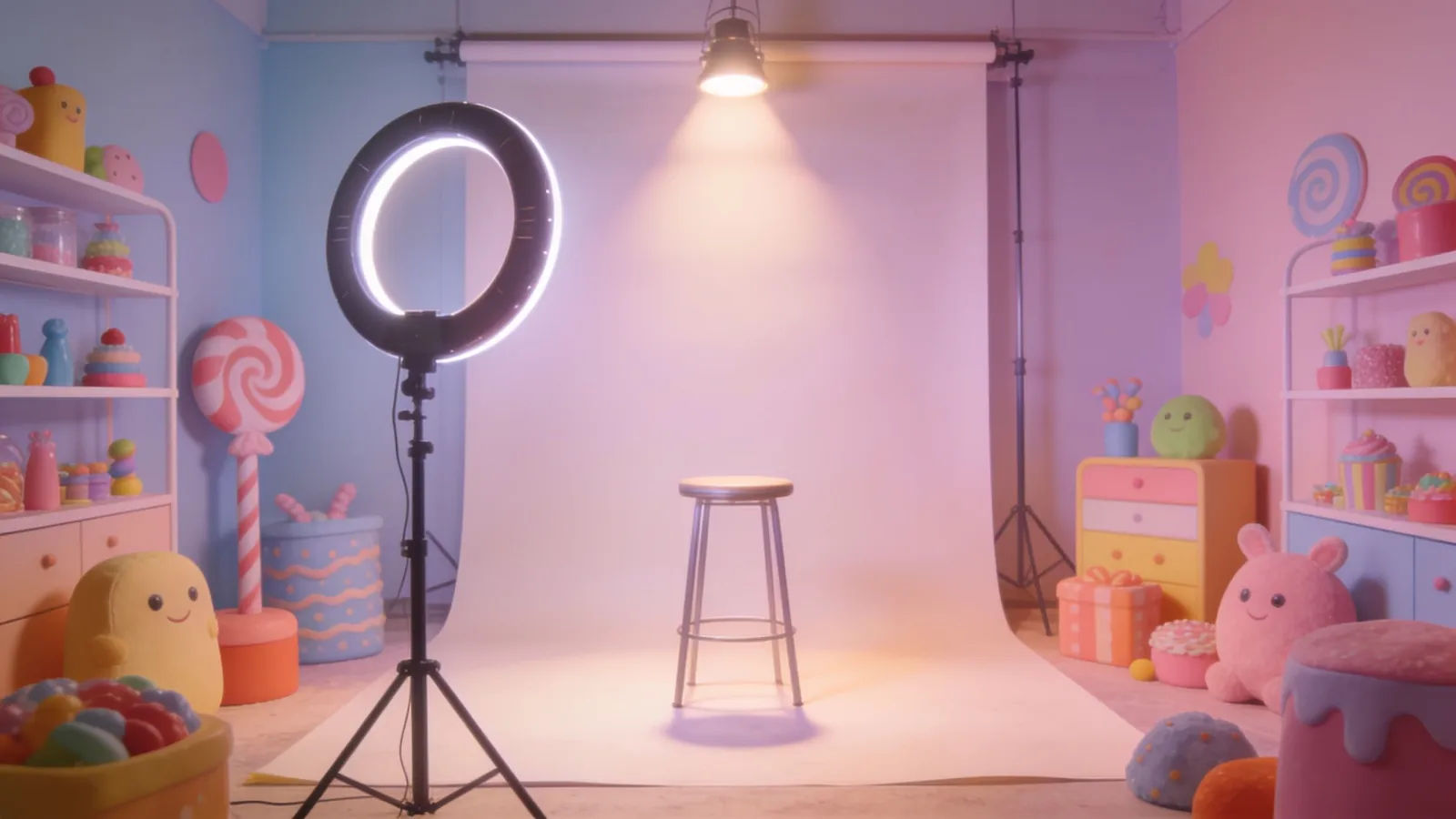 Playful pastel comedy set with spotlit stool