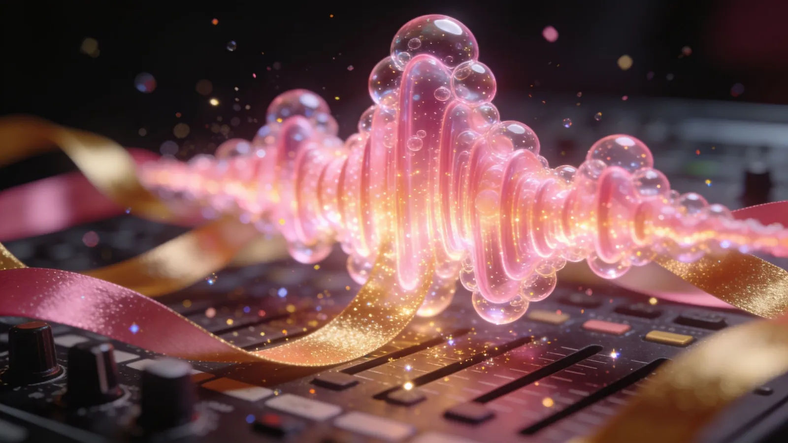 Glowing candy-pink sound waveform on dark console