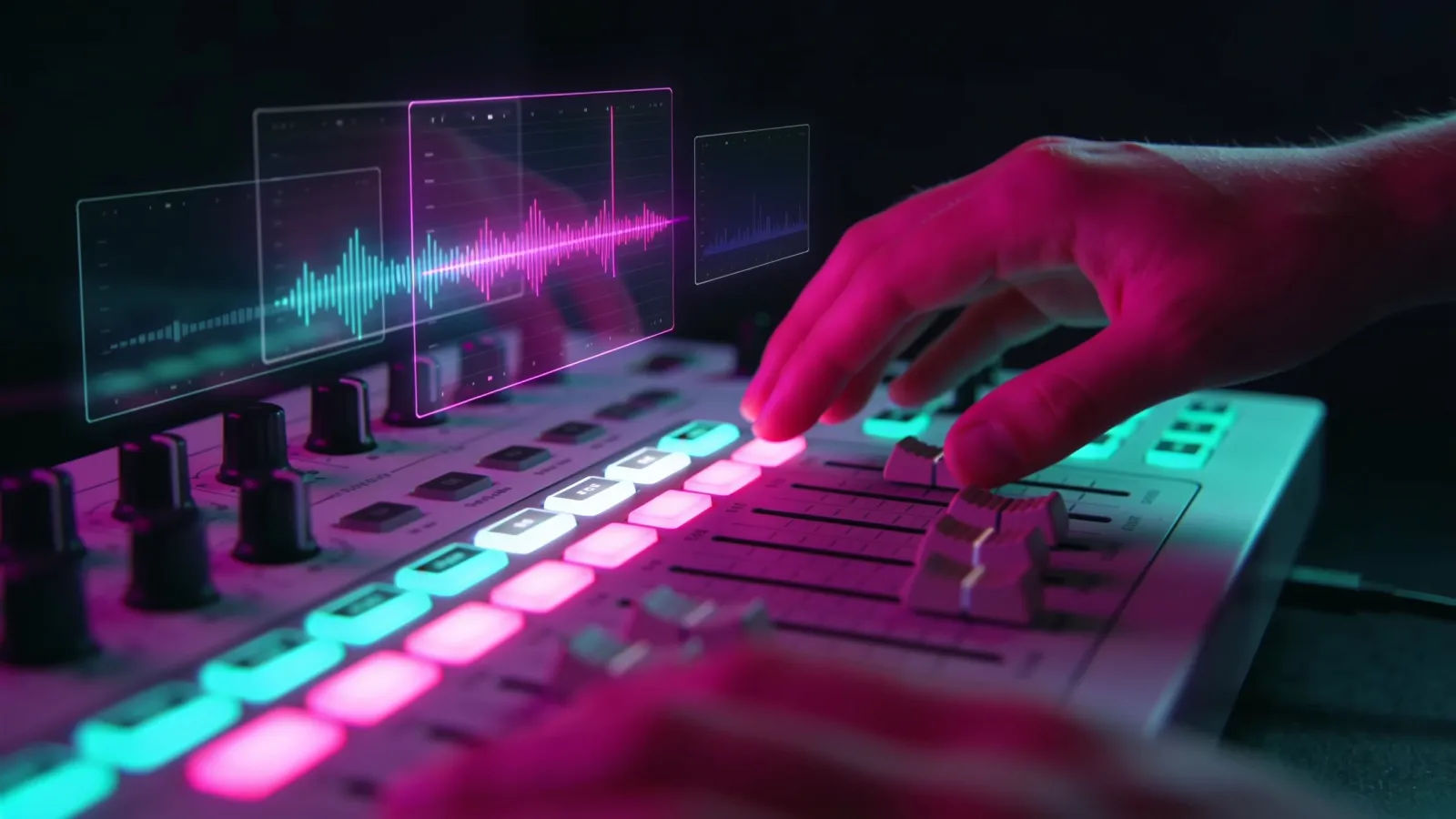 Hands over backlit audio console with glowing sliders