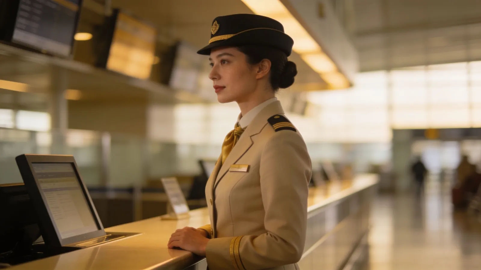 Poised uniformed announcer at terminal information desk