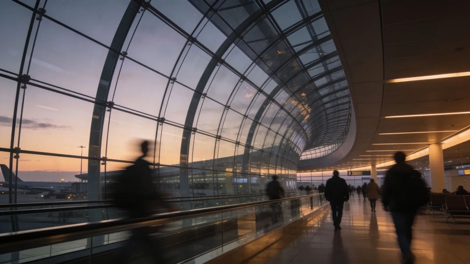 Sleek airport concourse at dusk, blurred travelers