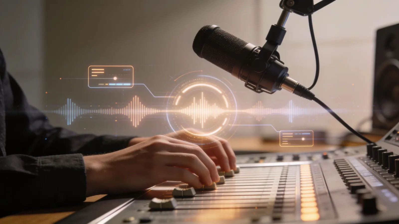 Hands at broadcast desk with studio microphone
