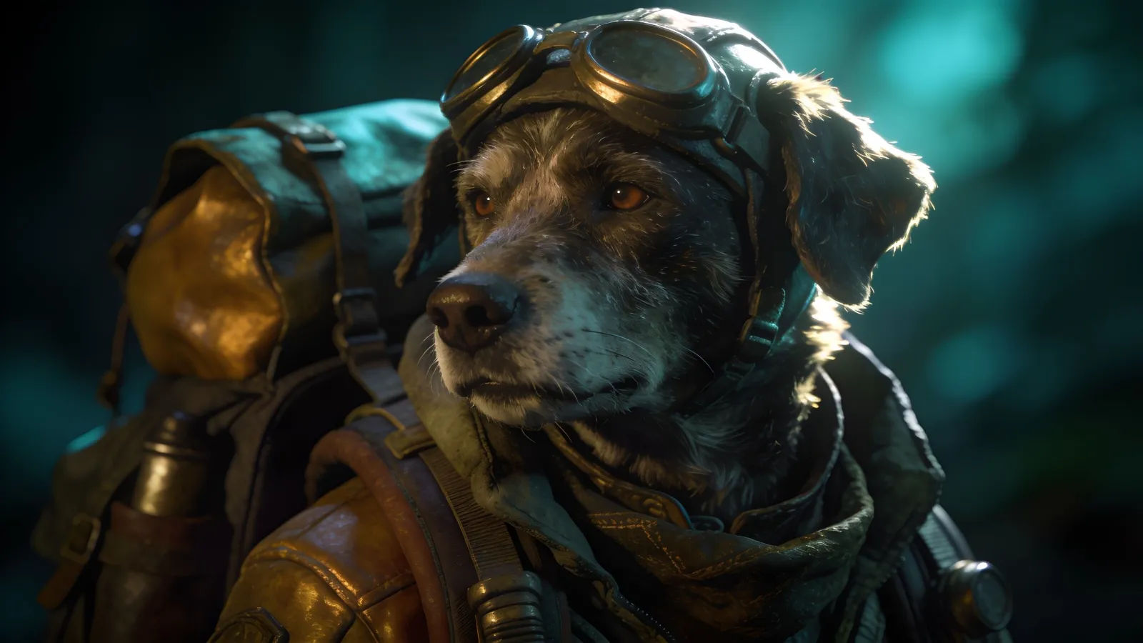 Loyal weathered adventurer companion in rugged travel gear