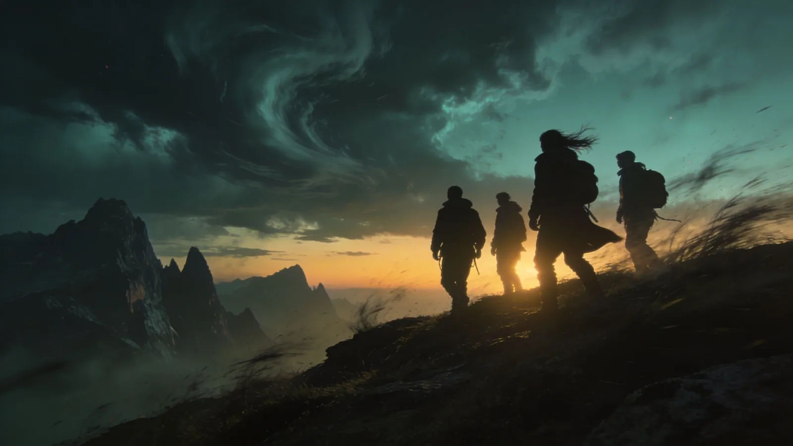 Band of adventurers silhouetted on windswept ridge dusk