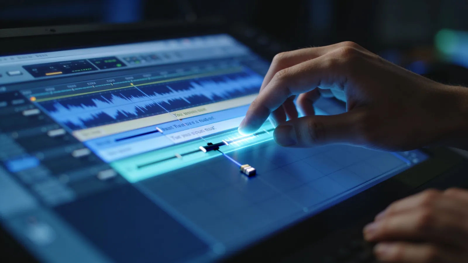 Hands on glowing blue game-audio dialogue interface