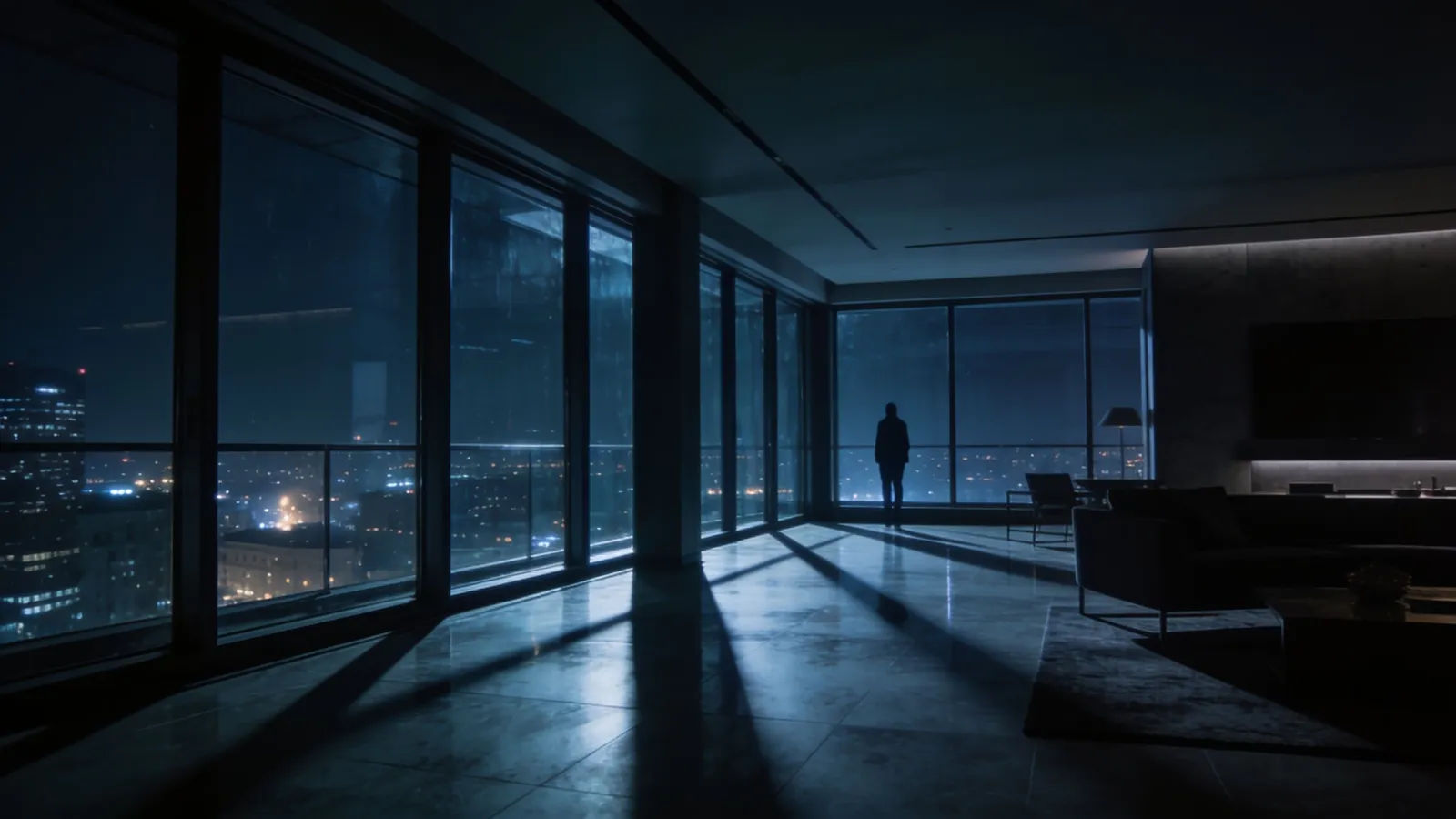 Dim noir penthouse at night with lone silhouette
