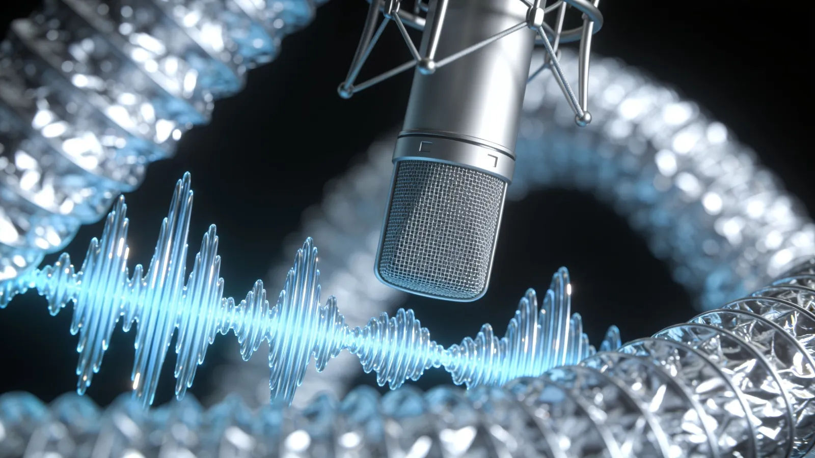 Cold silver waveform shimmering around a microphone
