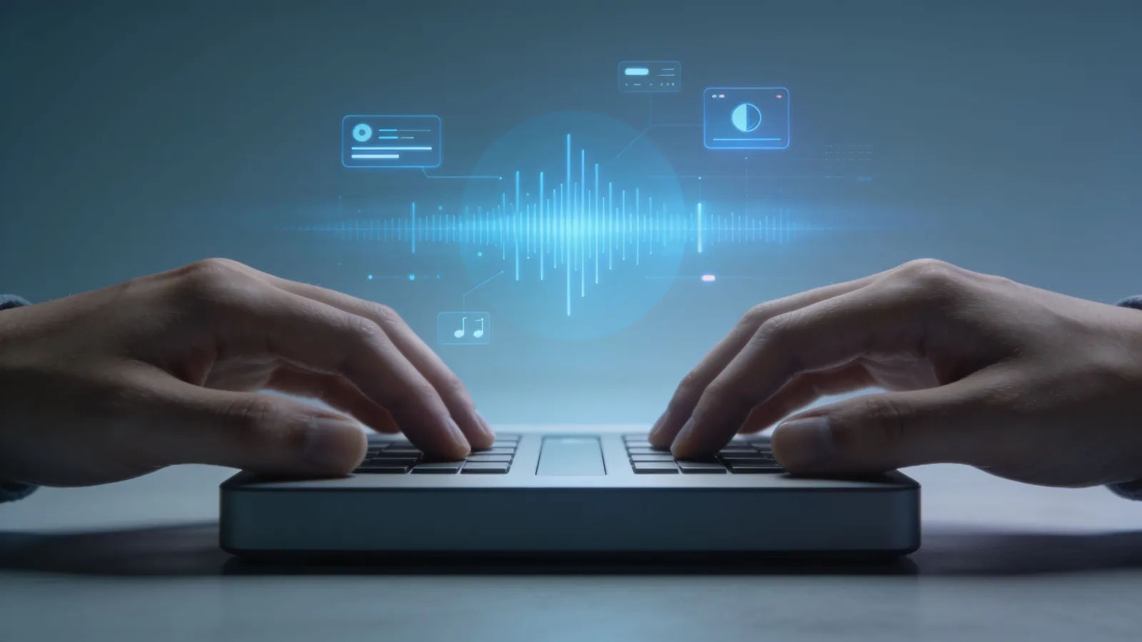 Hands on sleek console with cool-blue audio interface