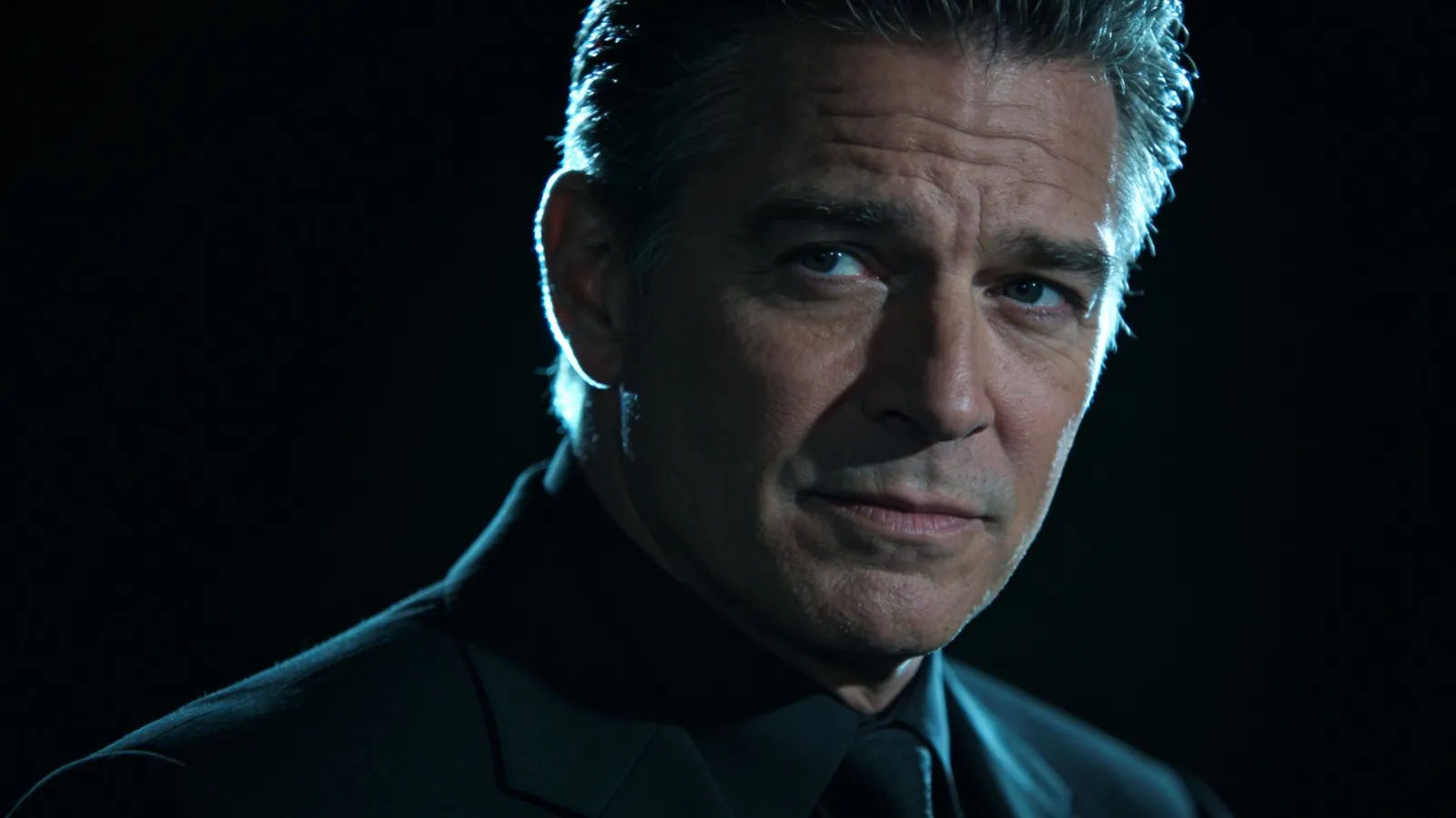 Confident commanding man in a dark suit, cinematic portrait