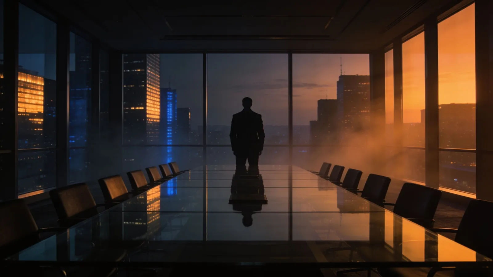 Lone figure dominating a dim dusk boardroom
