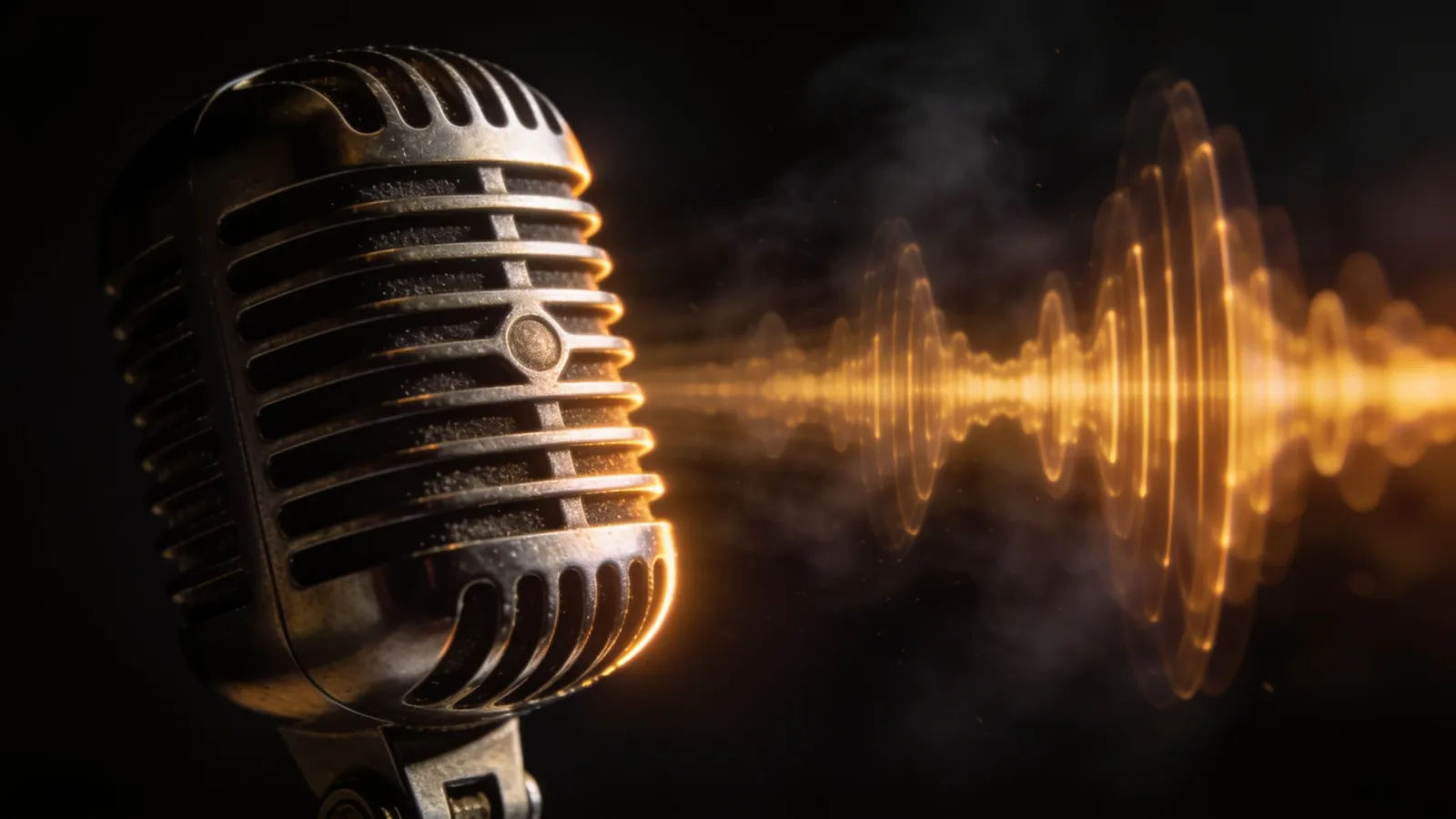 Studio microphone with glowing amber soundwave