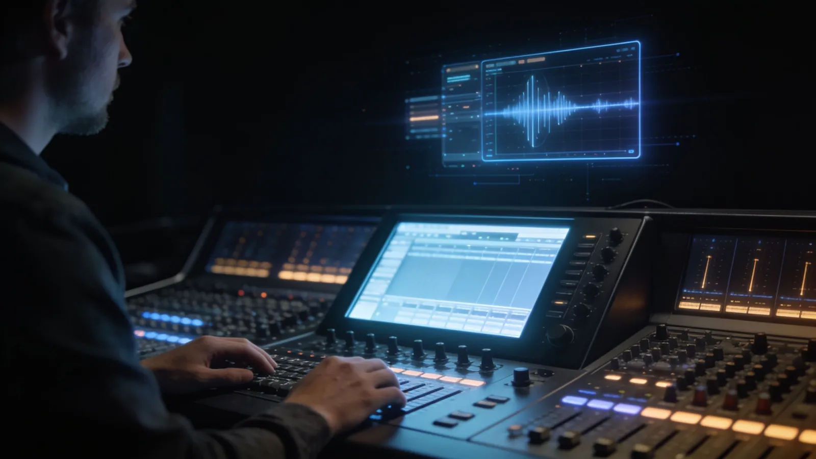 Hands at a console with abstract audio interface