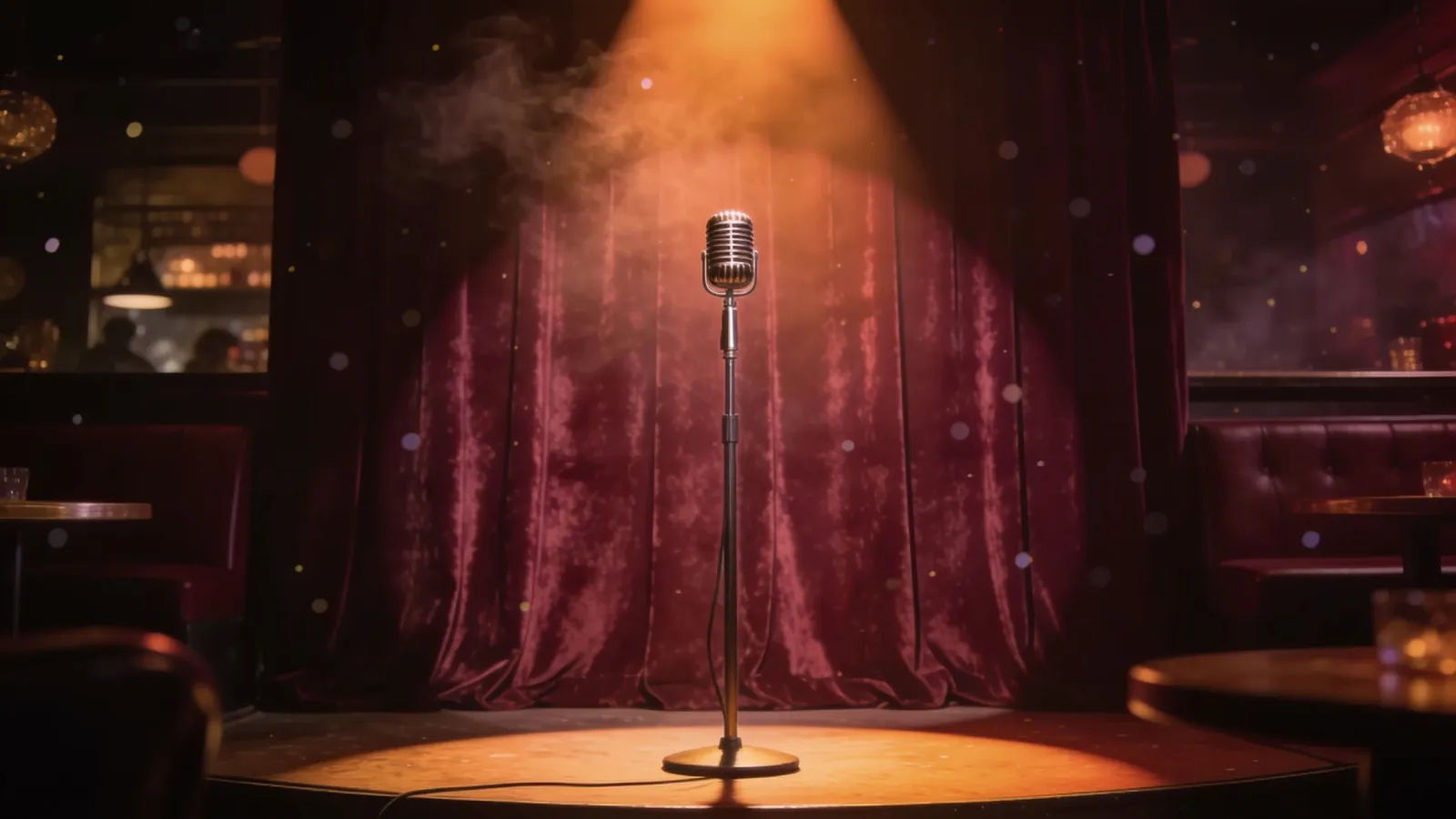 Dim lounge stage with vintage microphone and velvet curtain