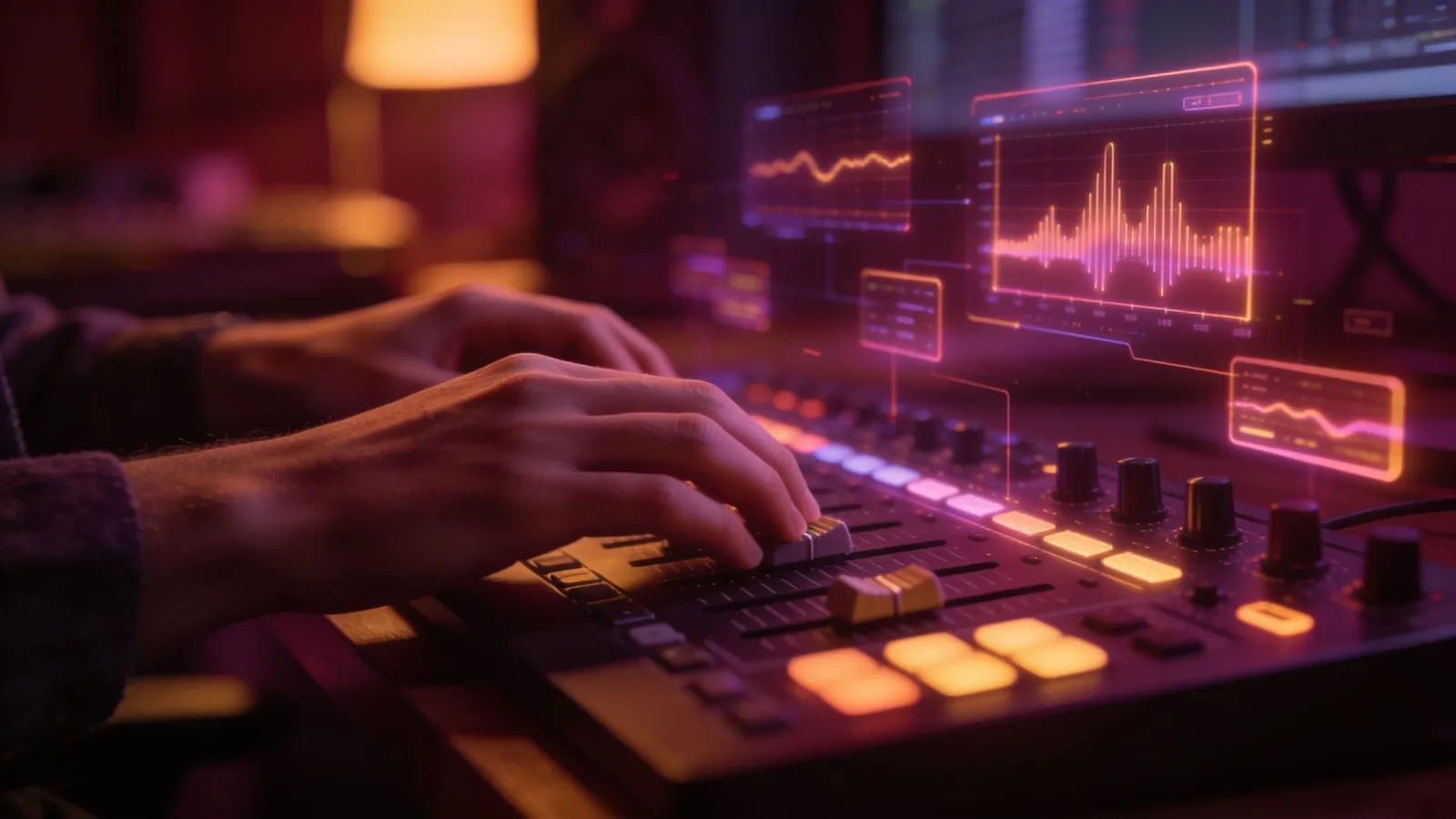 Hands at studio desk with plum amber audio controls