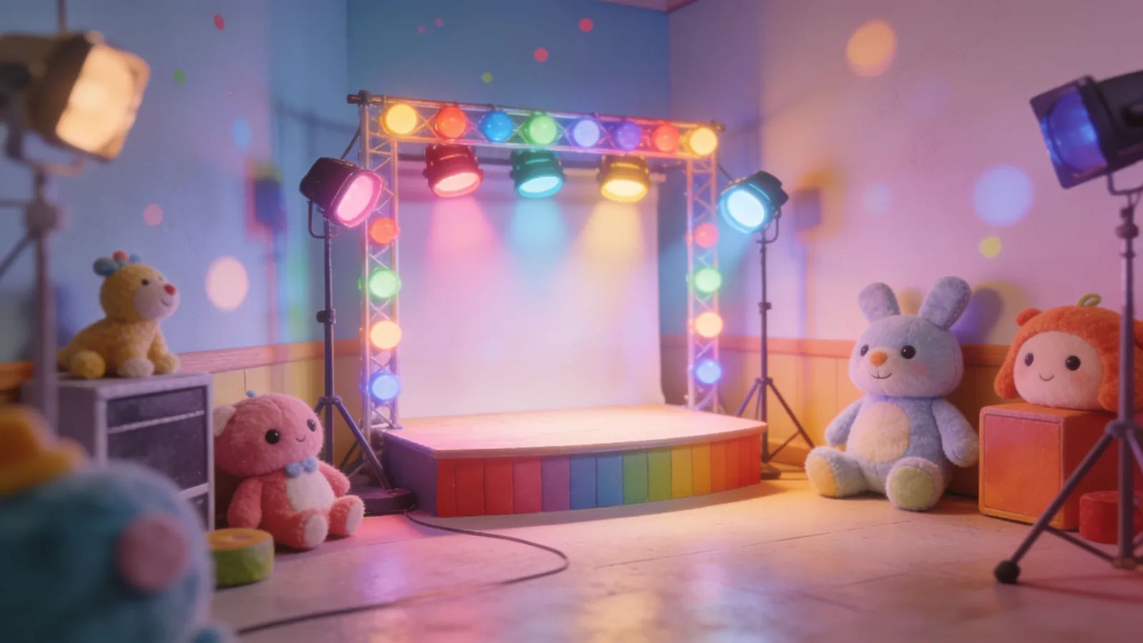 Colorful animation studio corner with playful lights
