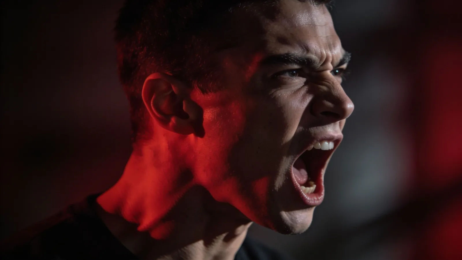 Enraged figure mid-shout in stark light