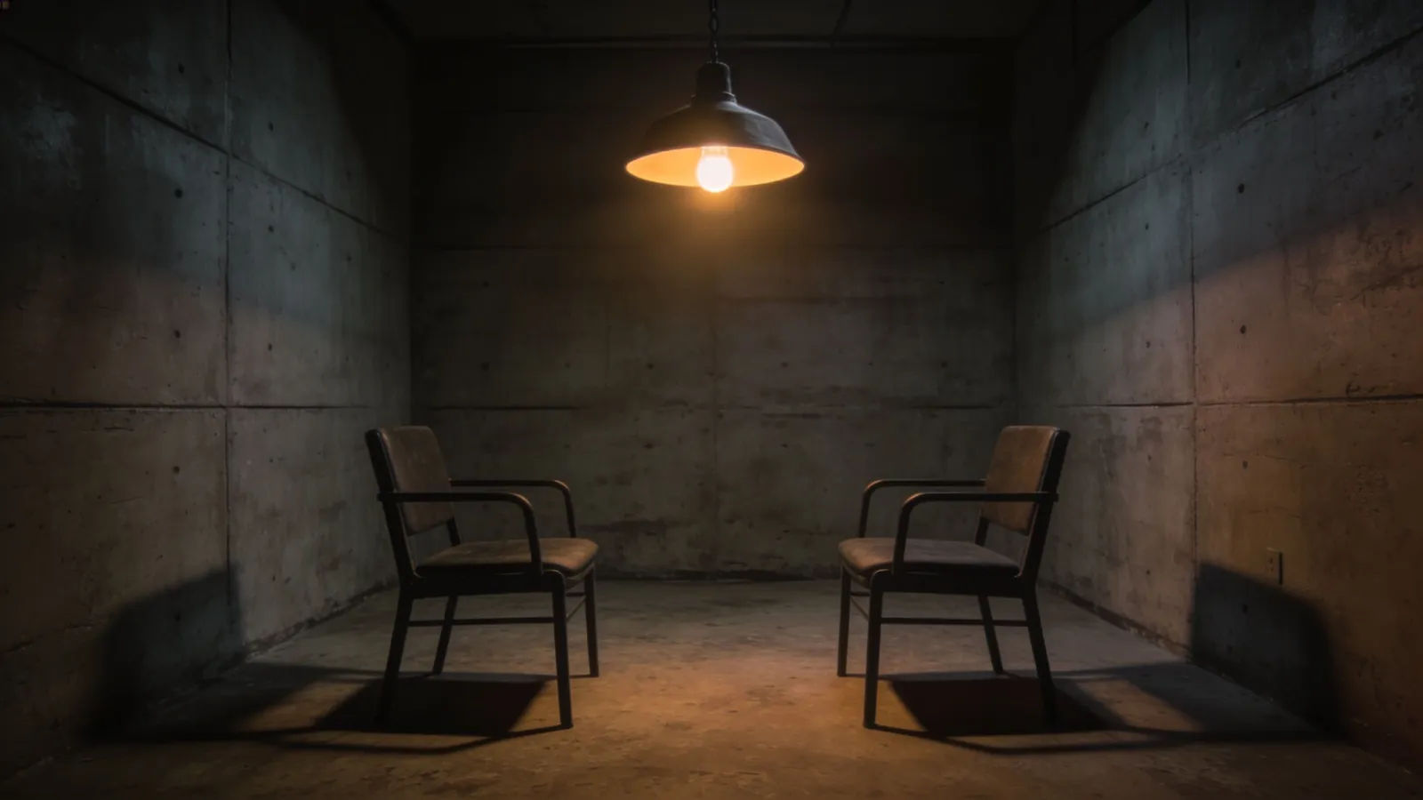 Tense dim interrogation room with hanging lamp