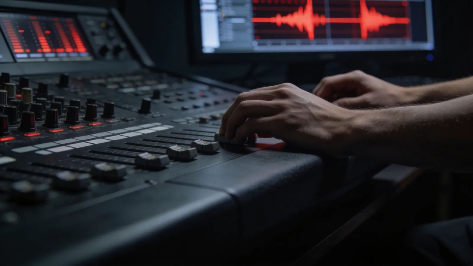 Hands gripping mixing desk, red meters pulsing