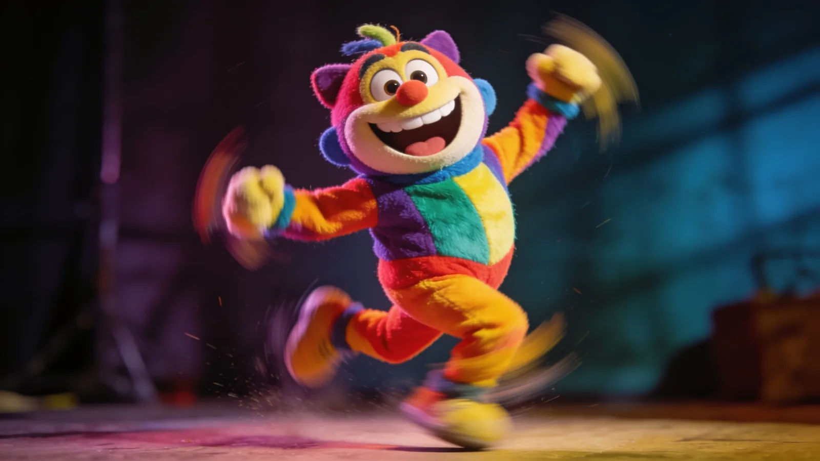 Energetic cartoonish mascot character with beaming grin