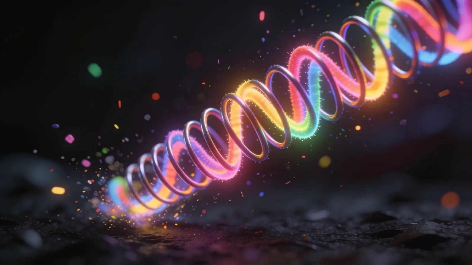 Bouncing multicolored waveform leaping on dark surface