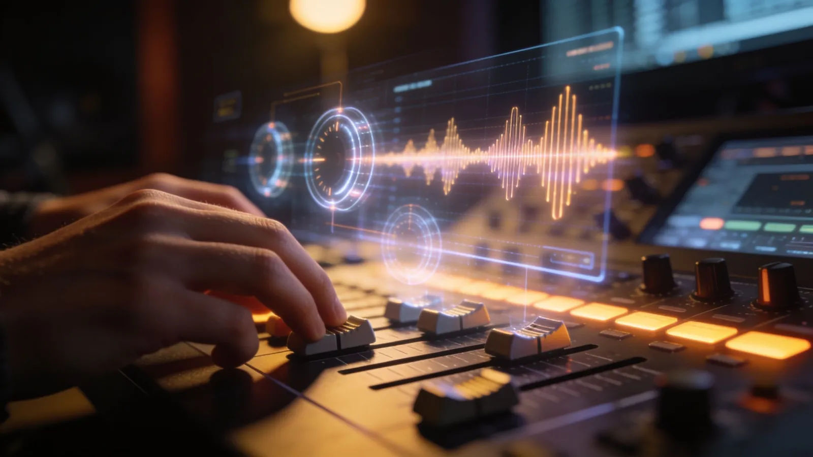 Hands adjusting floating audio dials and waveform hologram