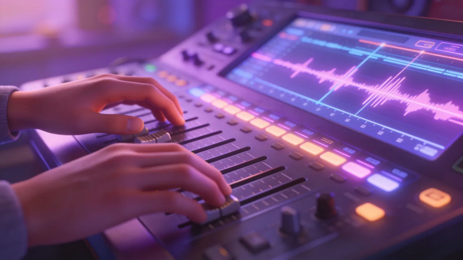 Hands on animation workstation with purple timeline UI