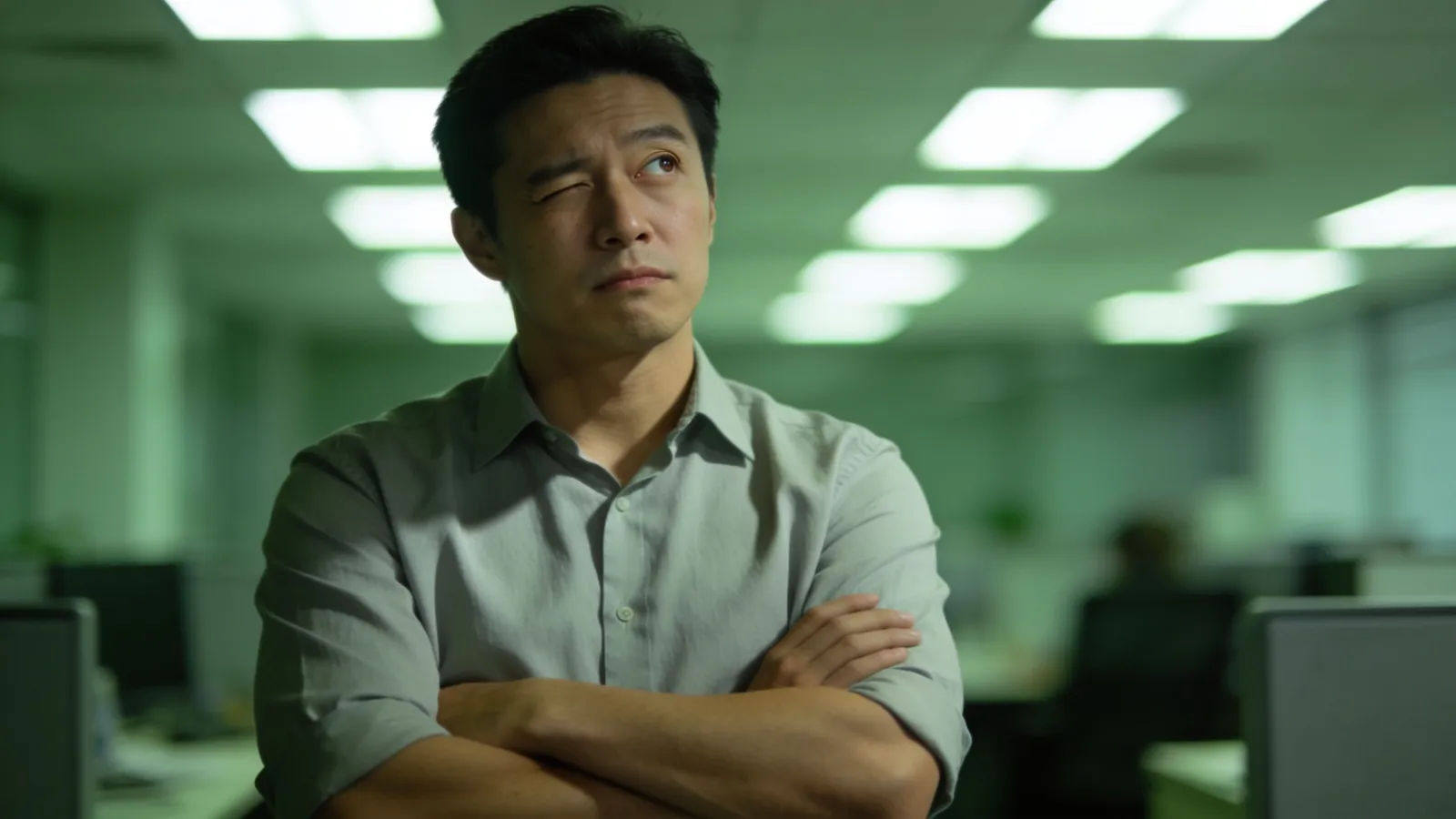 Exasperated person mid eye-roll under harsh office light