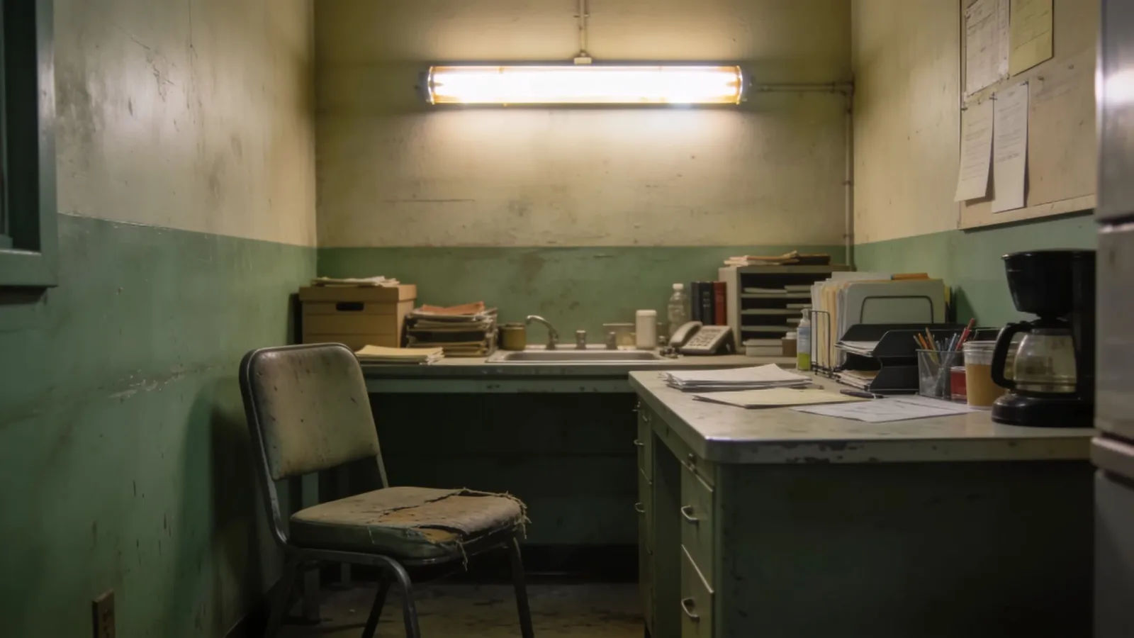 Drab cramped office break room with flickering light
