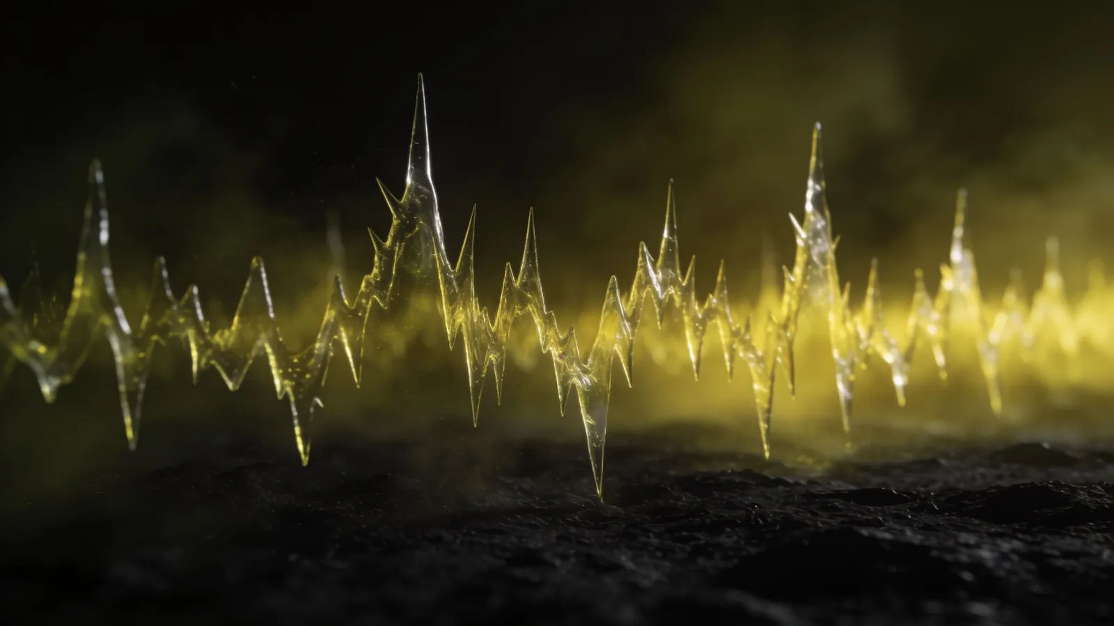 Jagged sour-yellow waveform spiking through dark haze