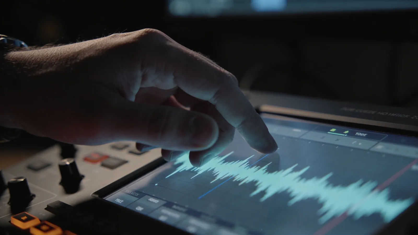 Hands tapping console with jagged waveform screen