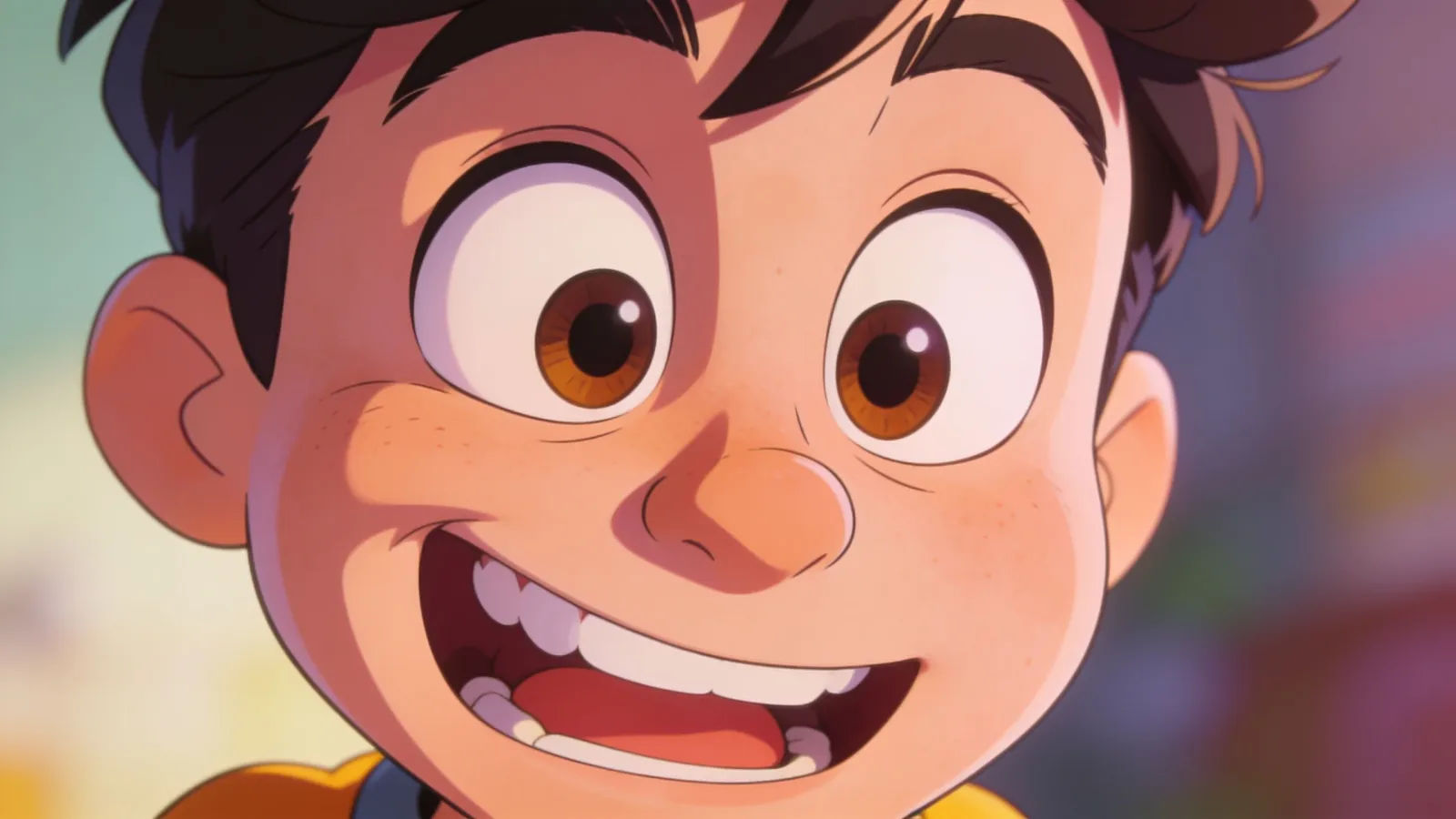 Exaggerated wide-eyed character mid-grimace, comedic portrait
