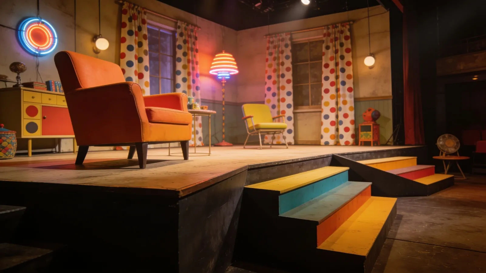 Garish retro comedy stage with clashing bright props