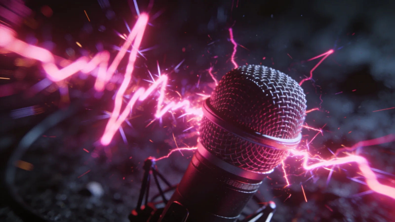 Jagged neon-pink waveform buzzing around a microphone