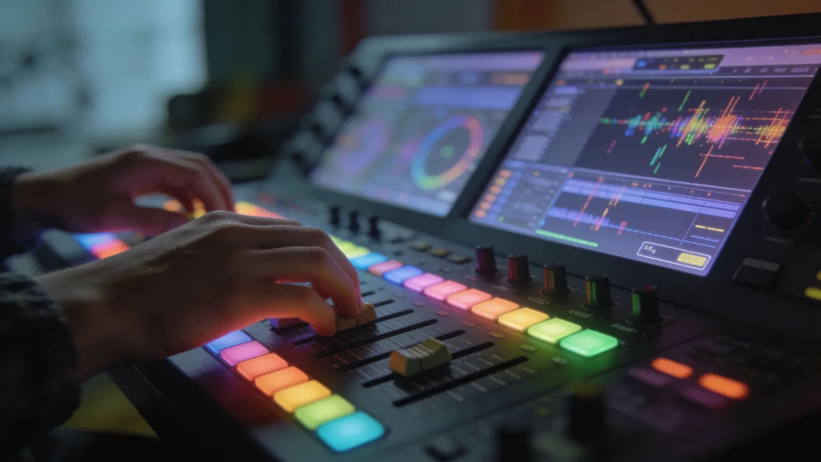 Hands at colorful console with jittery audio panels