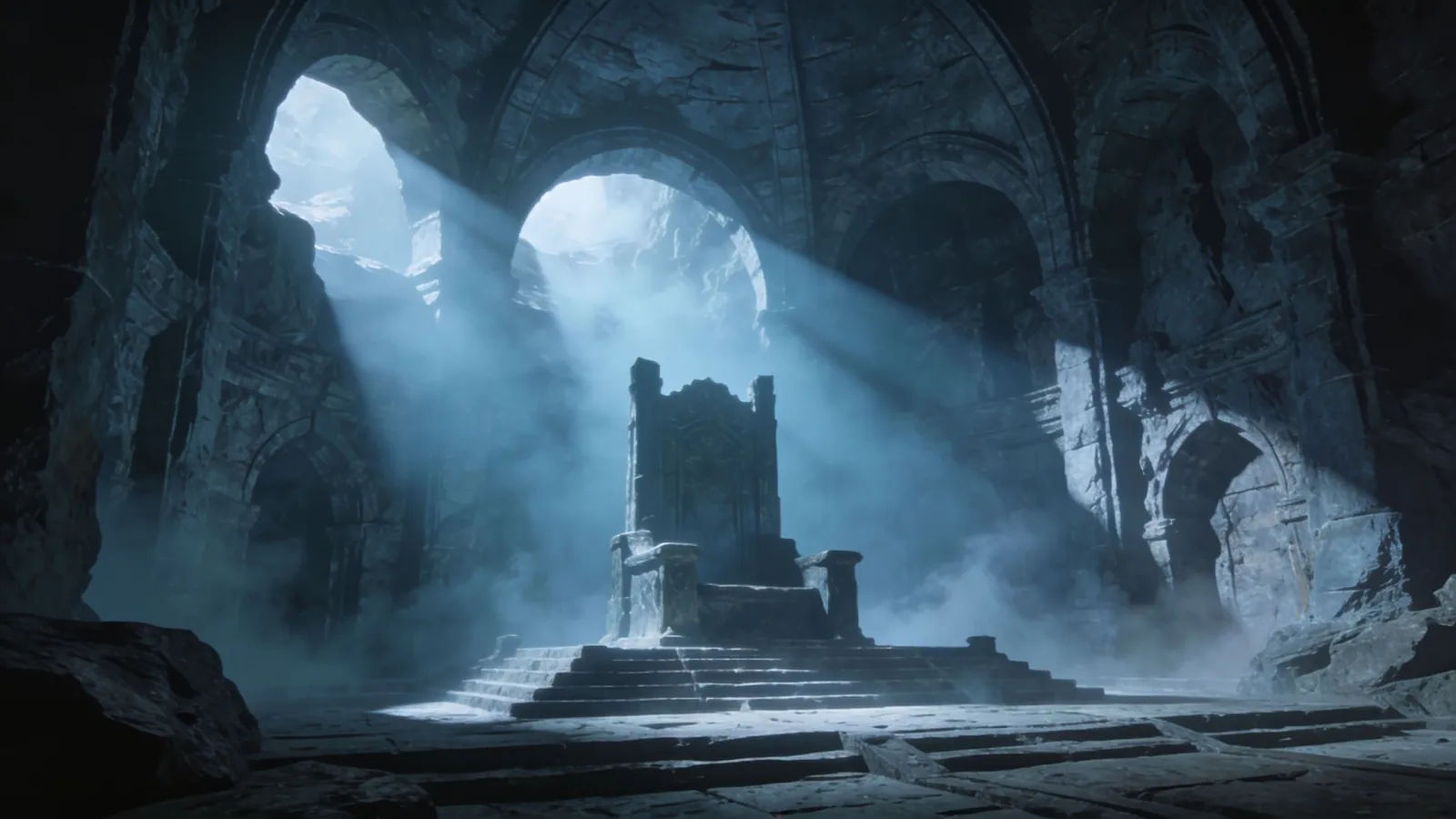 Cold cavernous hall with pale blue light through fog